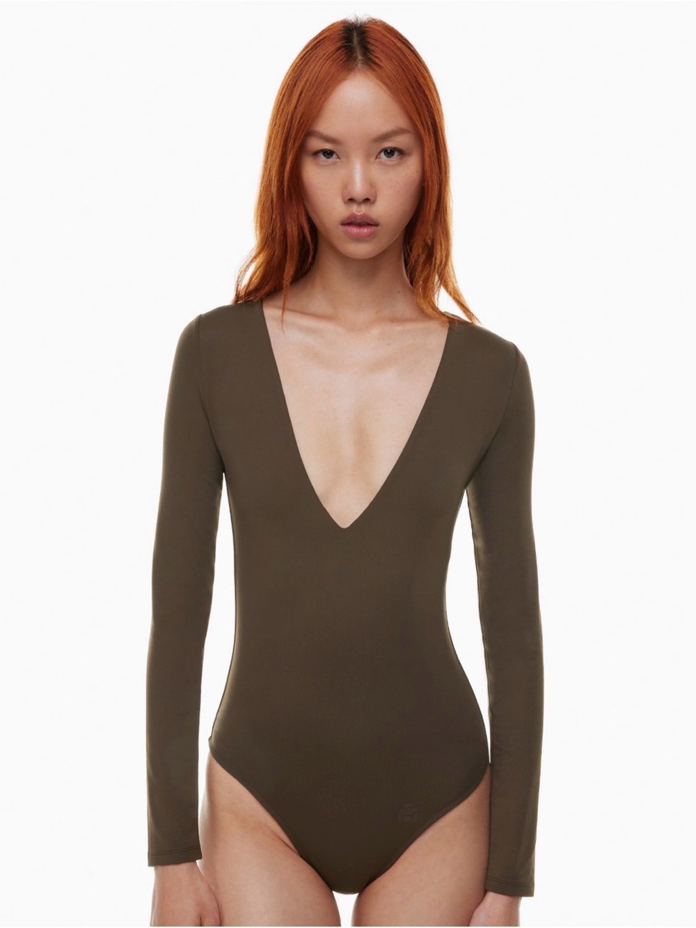 Aritzia Contour Olive Deep V Long-Sleeve Bodysuit